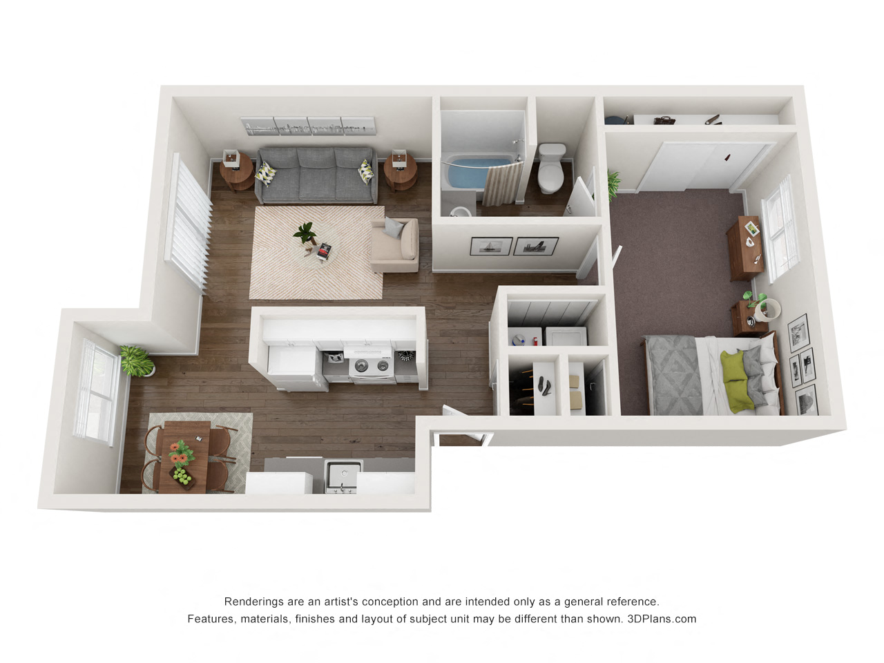 Floor plan for 1 bed, 1 bath, 735 sqft
